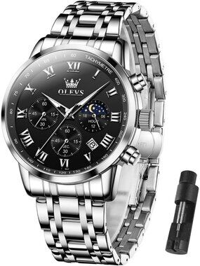 Olevs Men's Silver Black Multifunction Waterproof Luminous Chronograph Watch